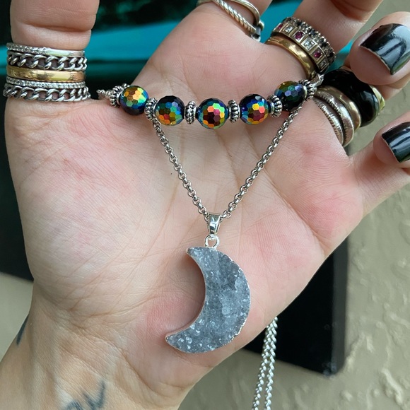 Druzy quartz moon double layer stainless steel chains boho iridescent necklace - Picture 10 of 12